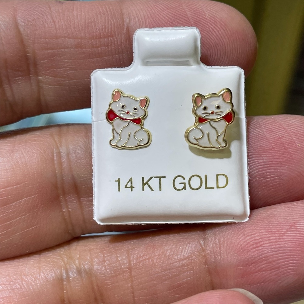 Solid Gold 14 Karat Yellow Cute Dainty Cat Stud  Earring